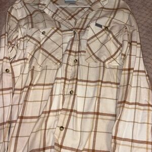 Columbia Tan and white plaid flannel shirt